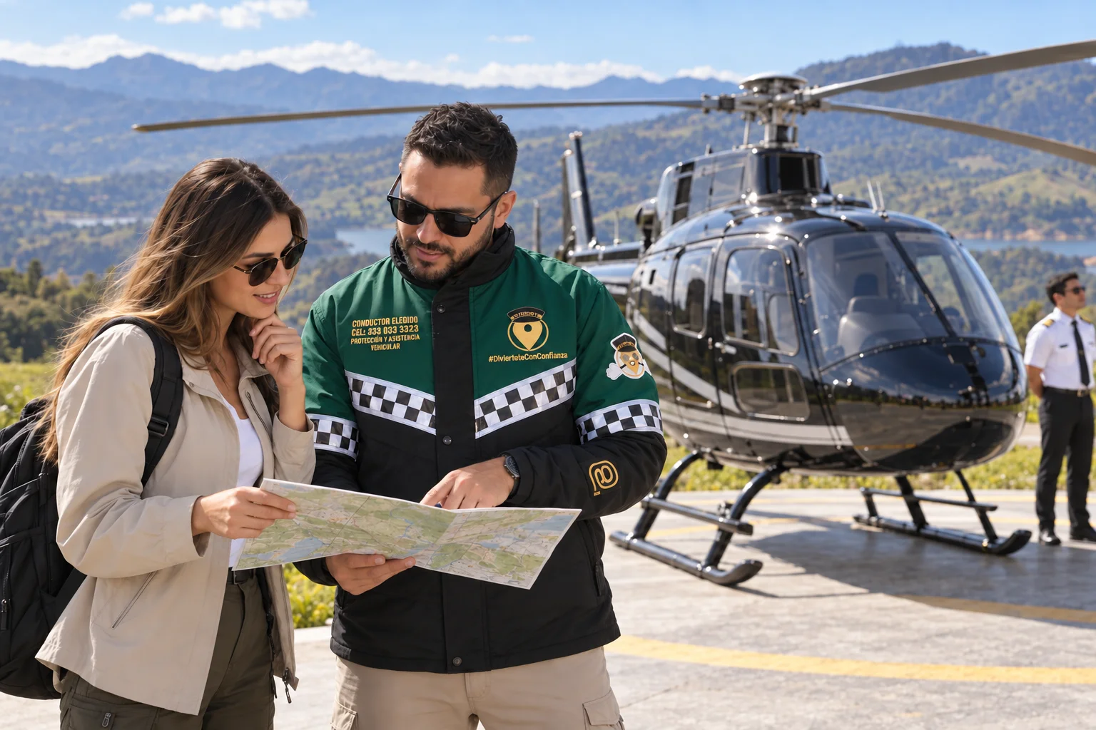 Profesional de Mi Elegido VIP con chaqueta de conductor elegido revisa un itinerario junto a un helicóptero estacionado