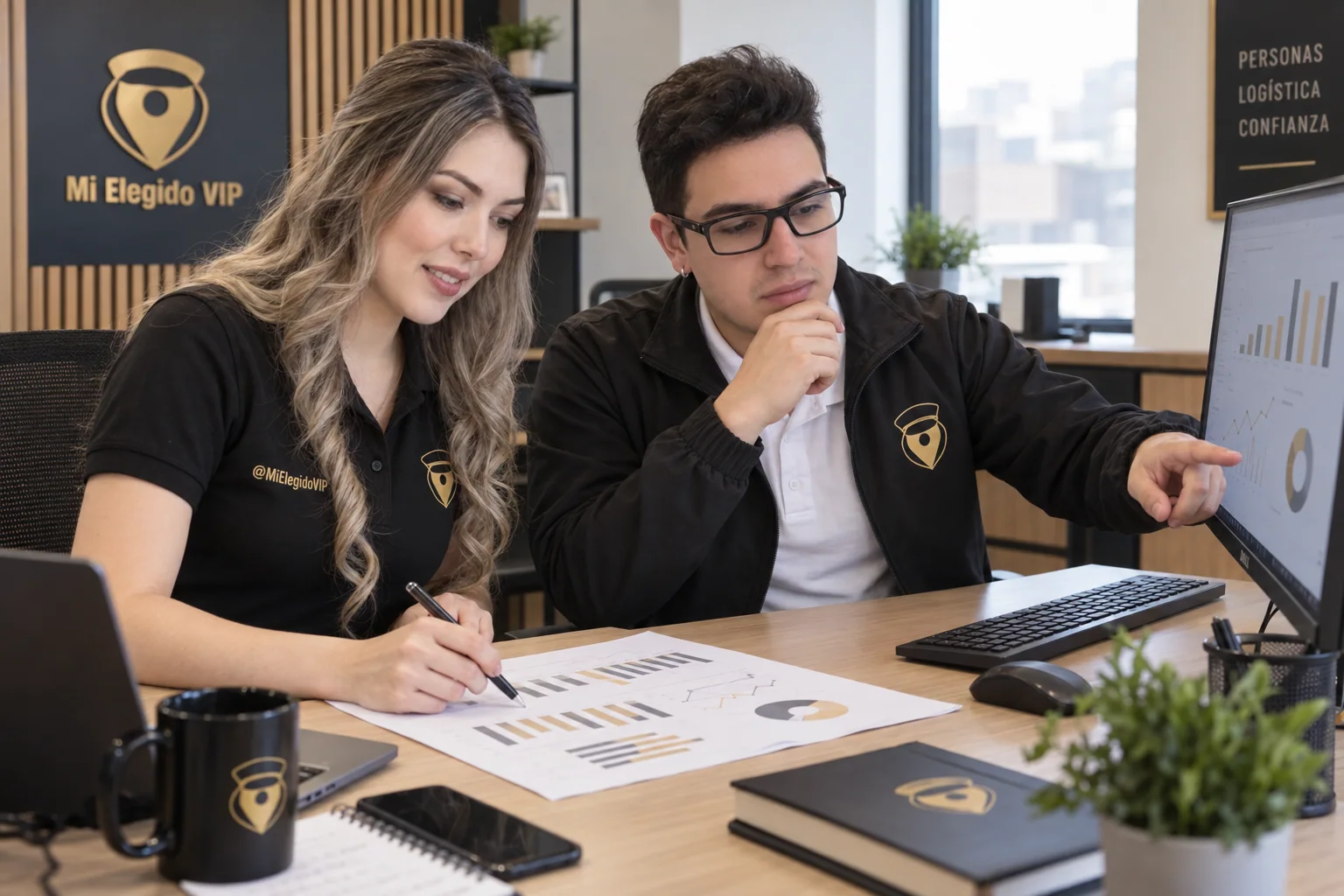 Dos profesionales revisando un reporte con gráficos e indicadores