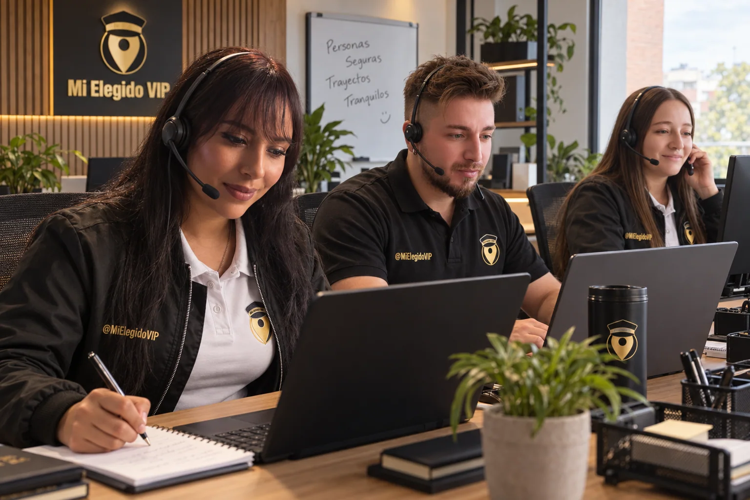 Tres profesionales con auriculares atendiendo solicitudes en una mesa de trabajo