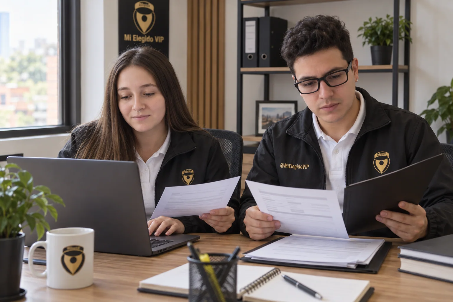 Dos profesionales verificando documentos y registros en una oficina