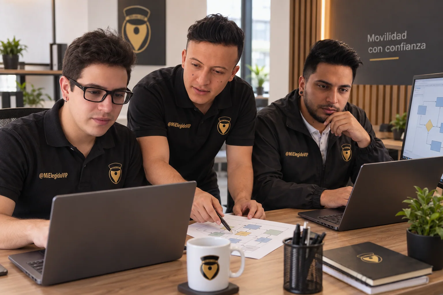 Tres profesionales revisando un proceso de software frente a un computador