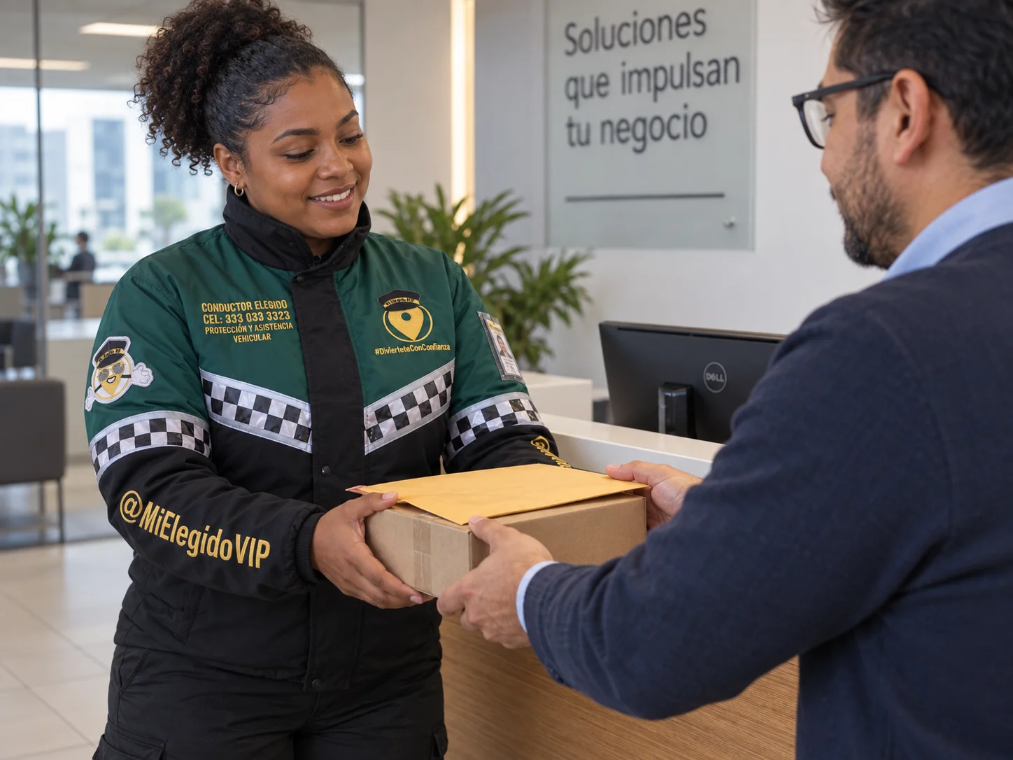 Profesional de Mi Elegido VIP con uniforme corporativo recibiendo un paquete y documentos para un envío