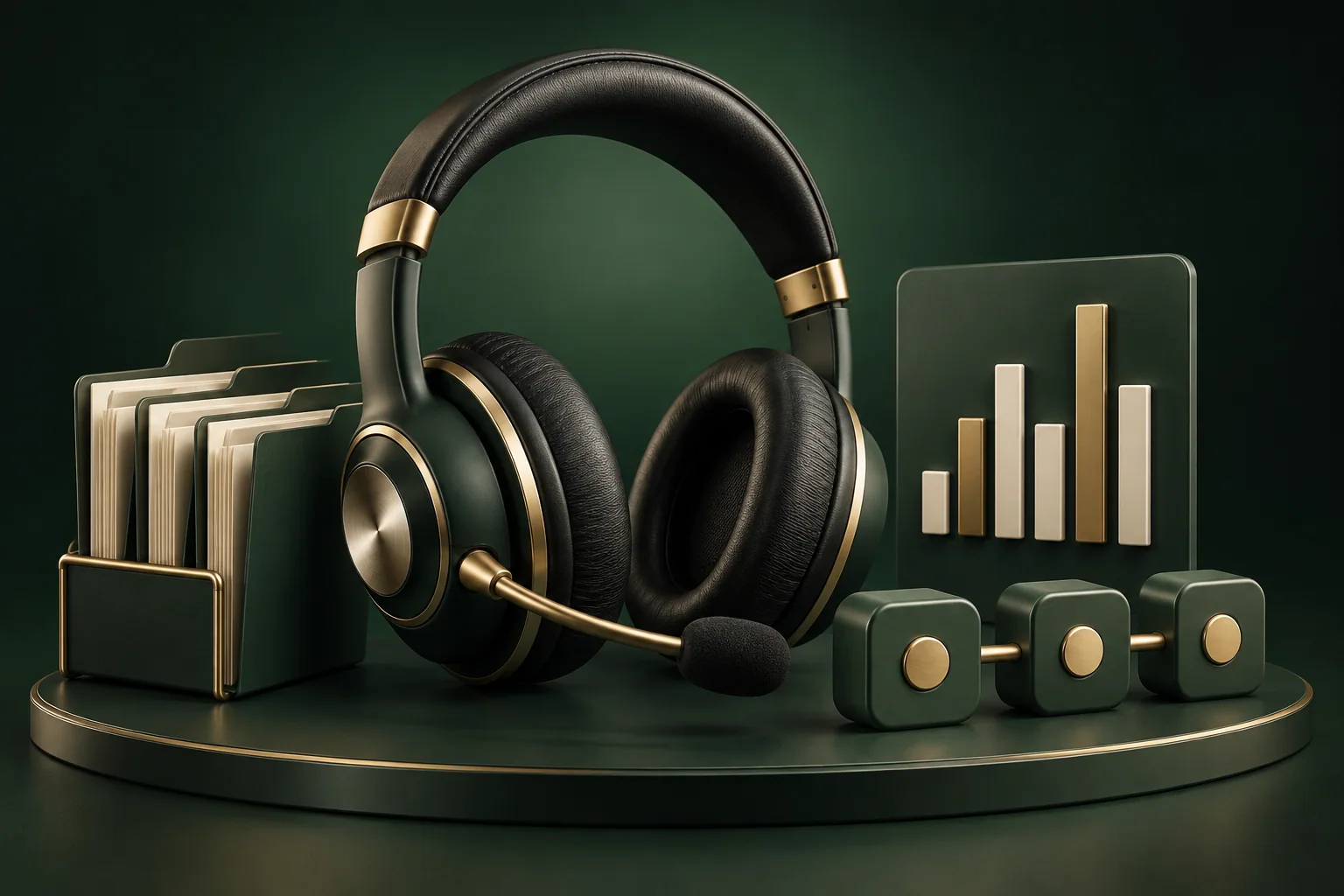Auricular de atención, procesos y elementos de datos en una composición verde y dorada