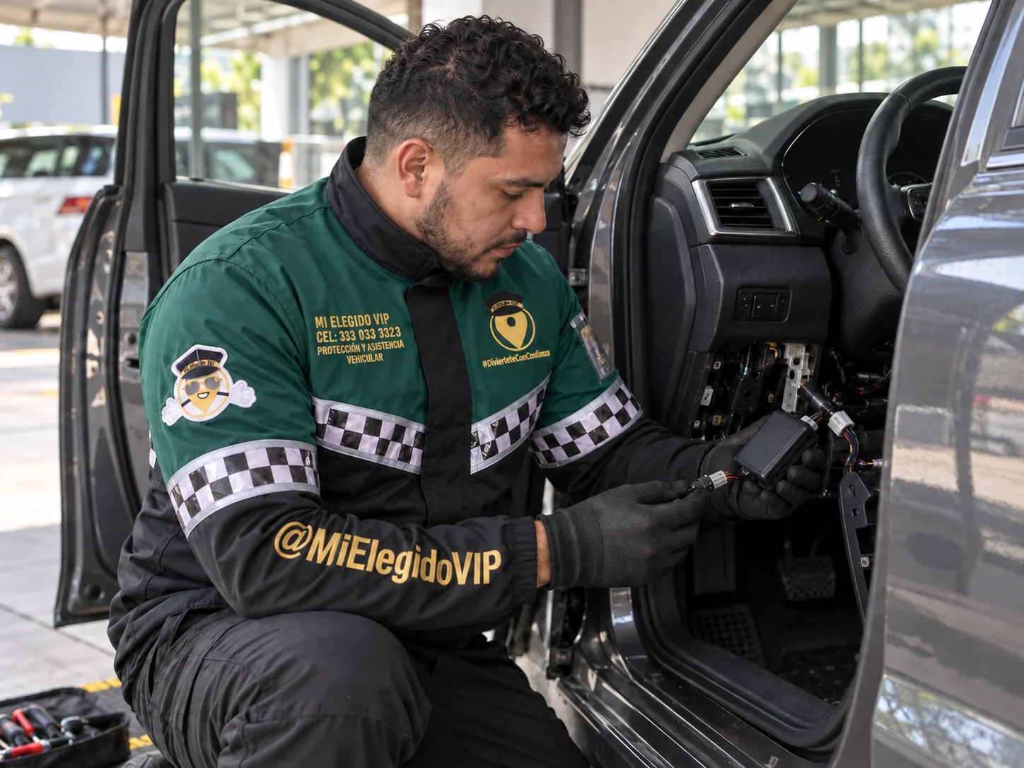 Técnico de Mi Elegido VIP con chaqueta corporativa revisando una instalación GPS en un vehículo