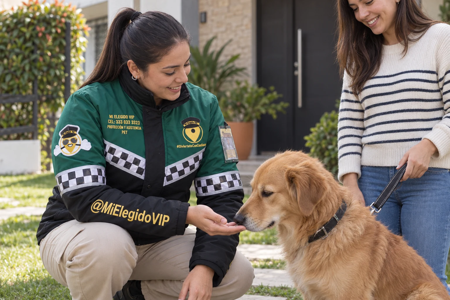 Profesional con uniforme Mi Elegido VIP Pet saludando a un perro en compañía de su cuidadora