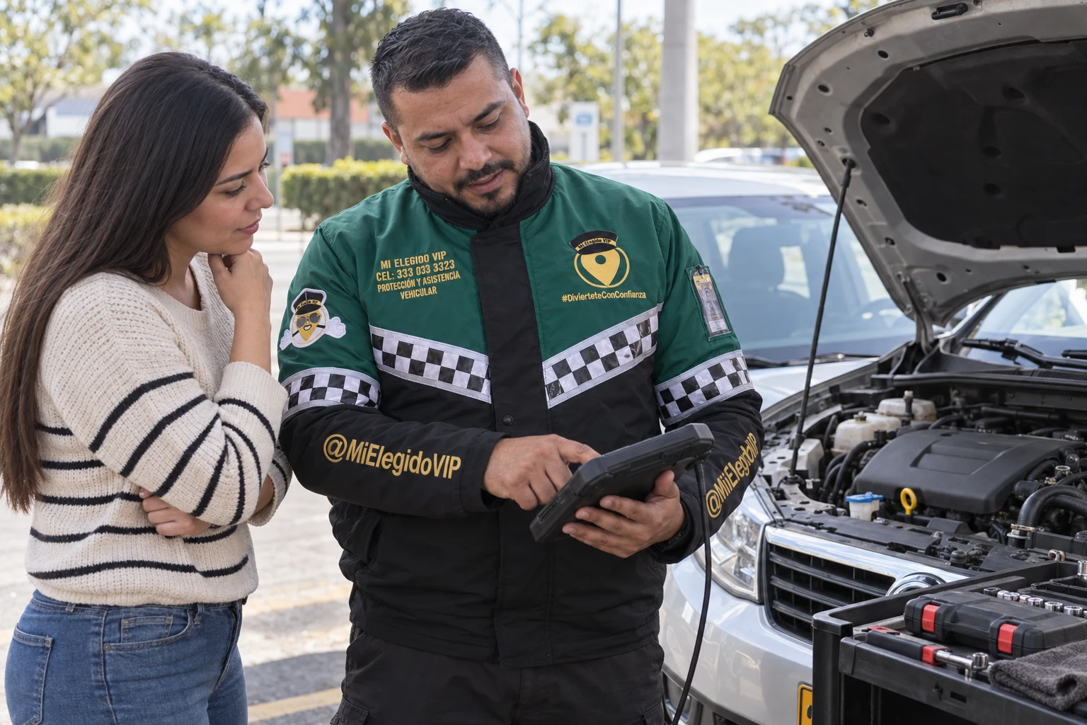 Técnico de Mi Elegido VIP explicando la revisión de un automóvil a su propietaria en un lugar de estacionamiento