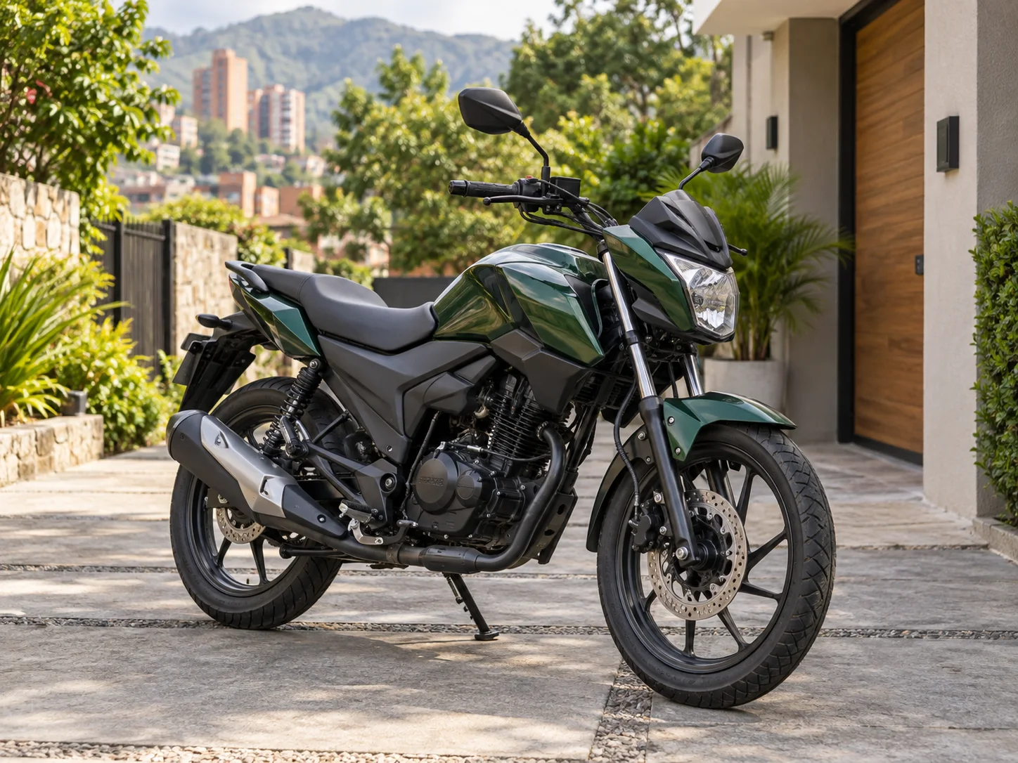 Motocicleta verde estacionada en una entrada residencial