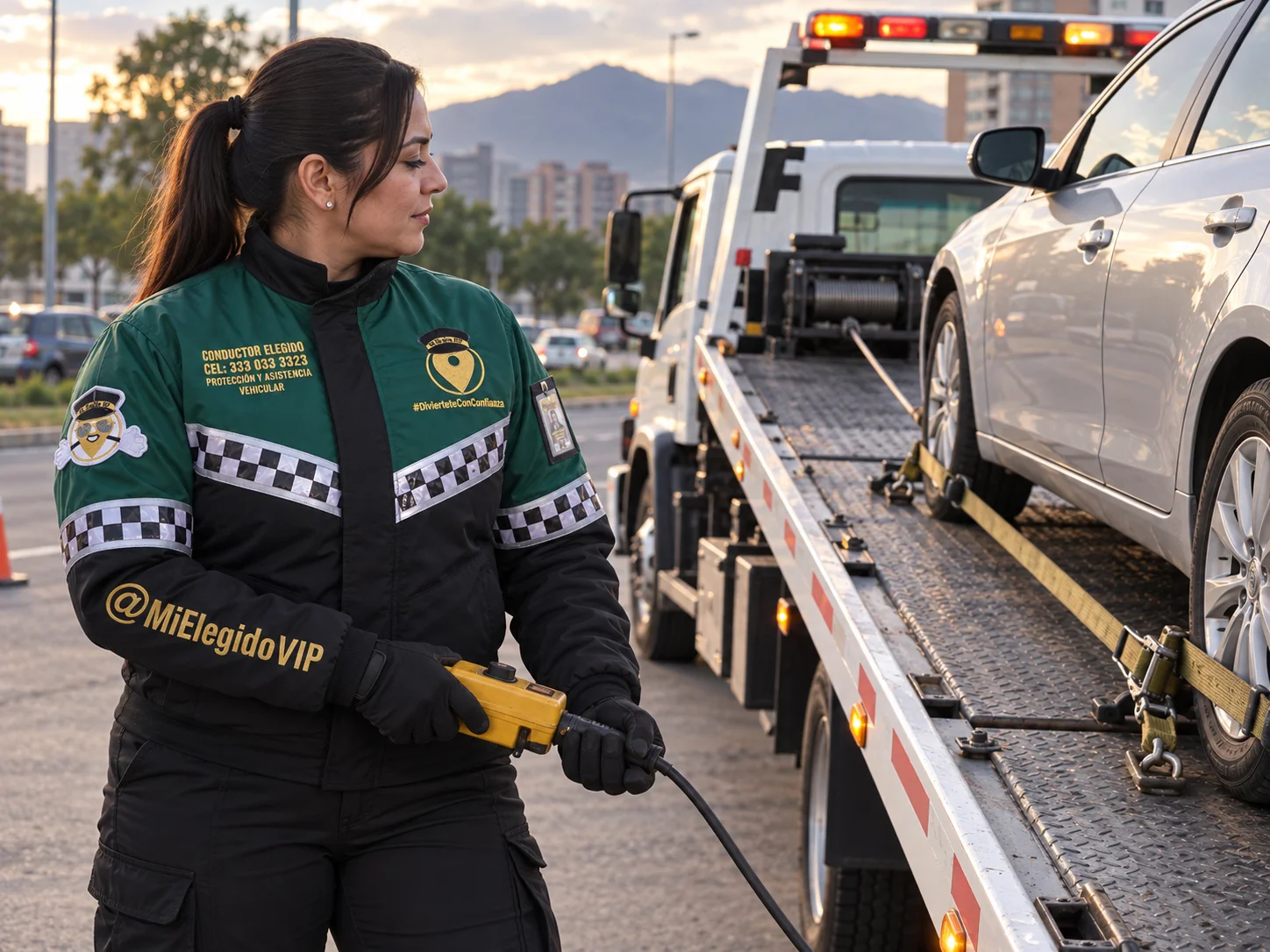 Técnico de Mi Elegido VIP con uniforme corporativo coordinando un servicio de grúa de plataforma