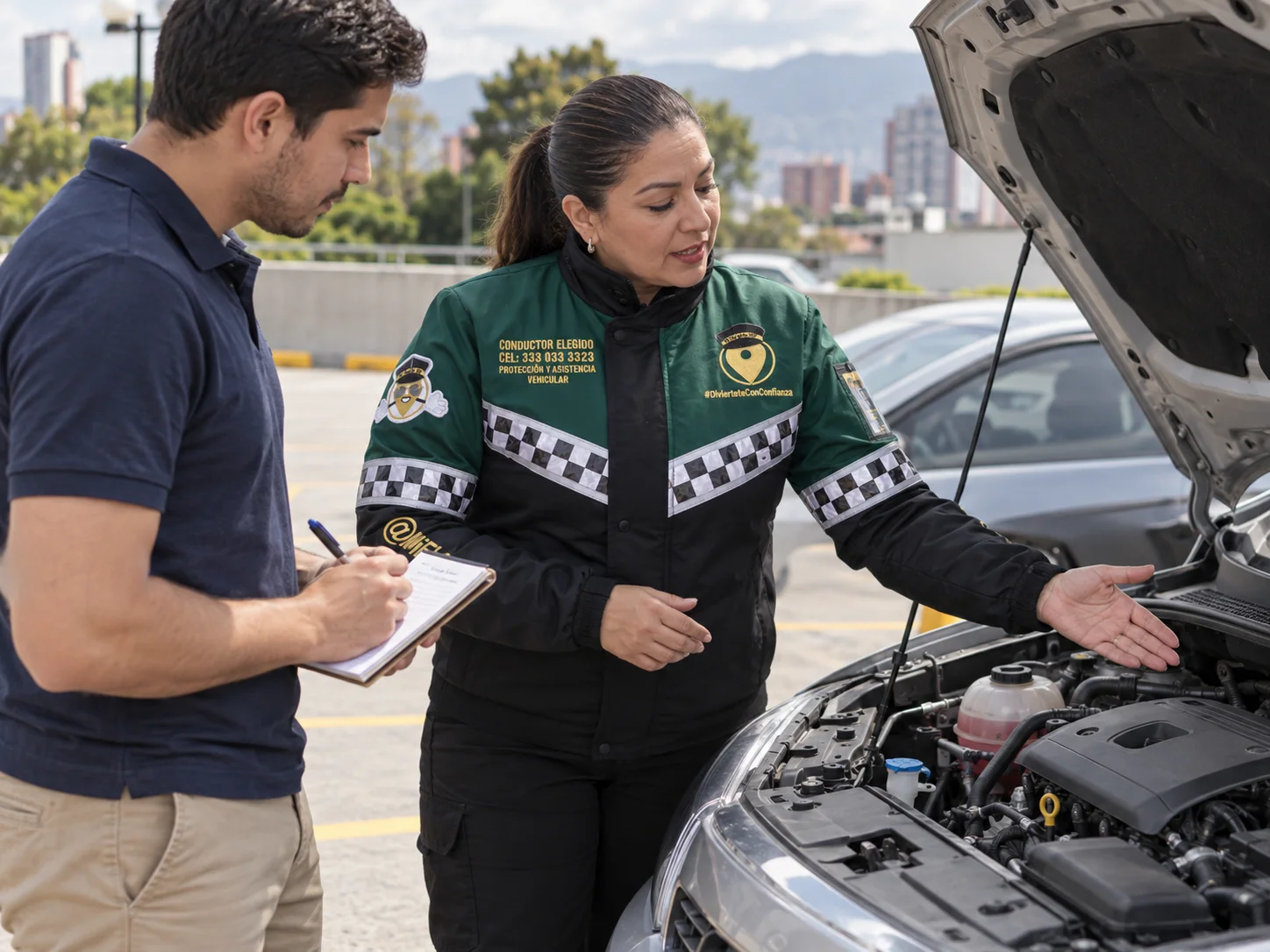 Profesional de Mi Elegido VIP orientando a un aspirante durante una revisión de vehículo para el trabajo de conductor elegido