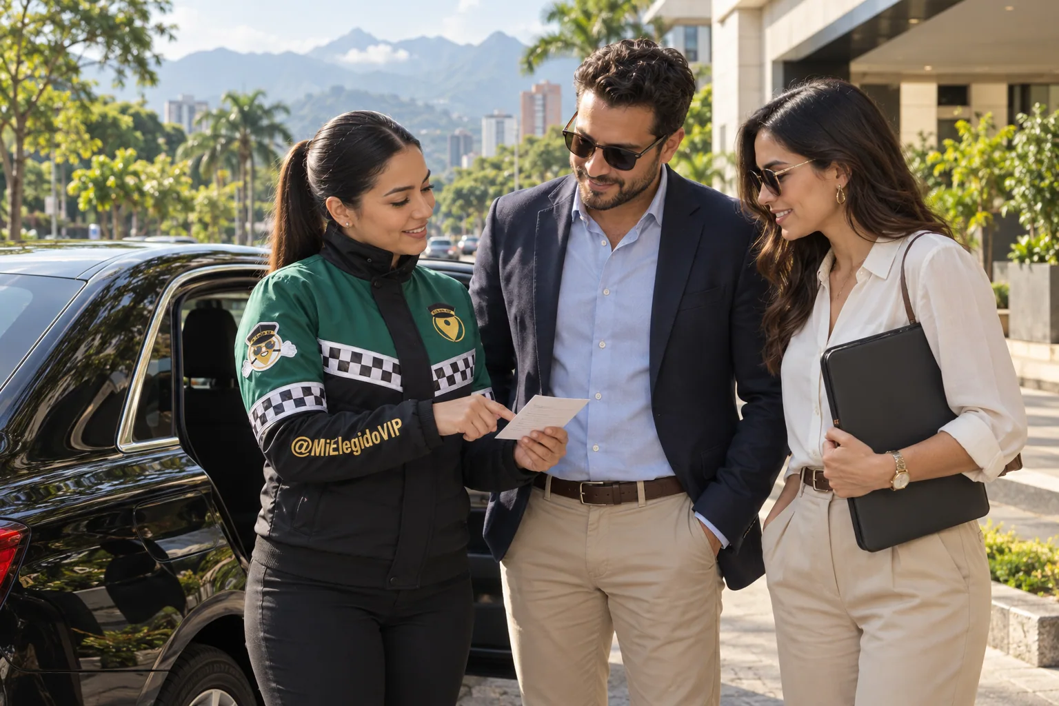 Coordinadora con dotación de conductor elegido de Mi Elegido VIP revisando una agenda de transporte ejecutivo junto a viajeros en Cali