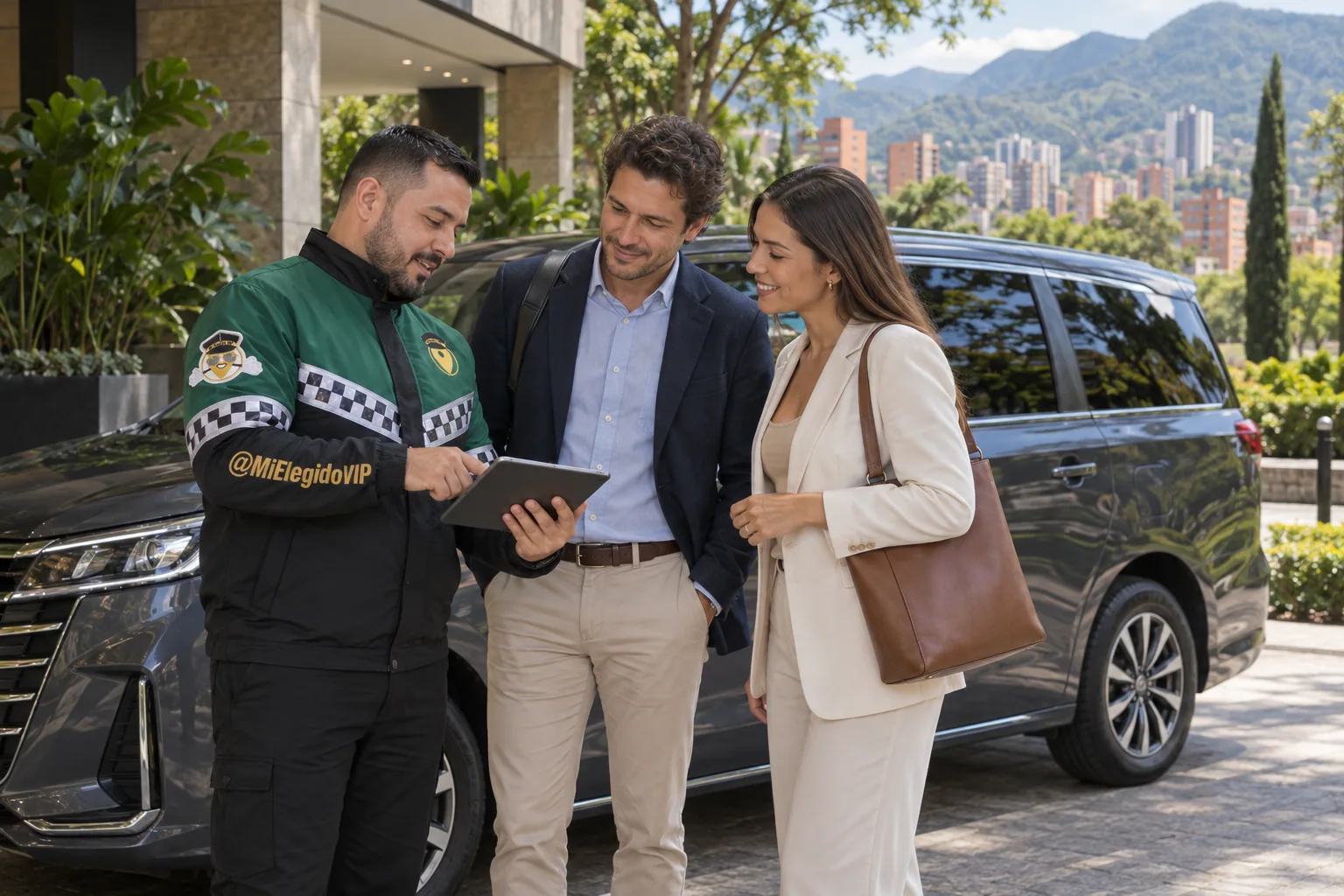Coordinador con dotación de conductor elegido de Mi Elegido VIP revisando una agenda de transporte ejecutivo en Medellín con dos visitantes