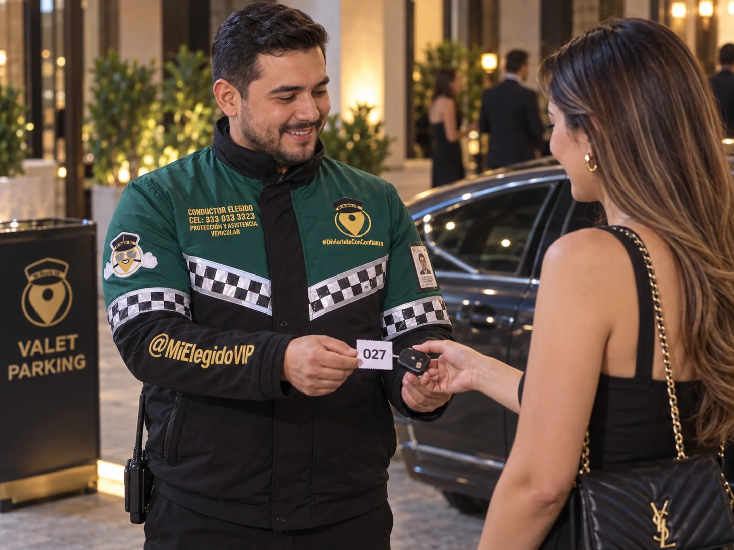 Profesional de valet parking Mi Elegido VIP recibiendo llaves y entregando un comprobante al cliente