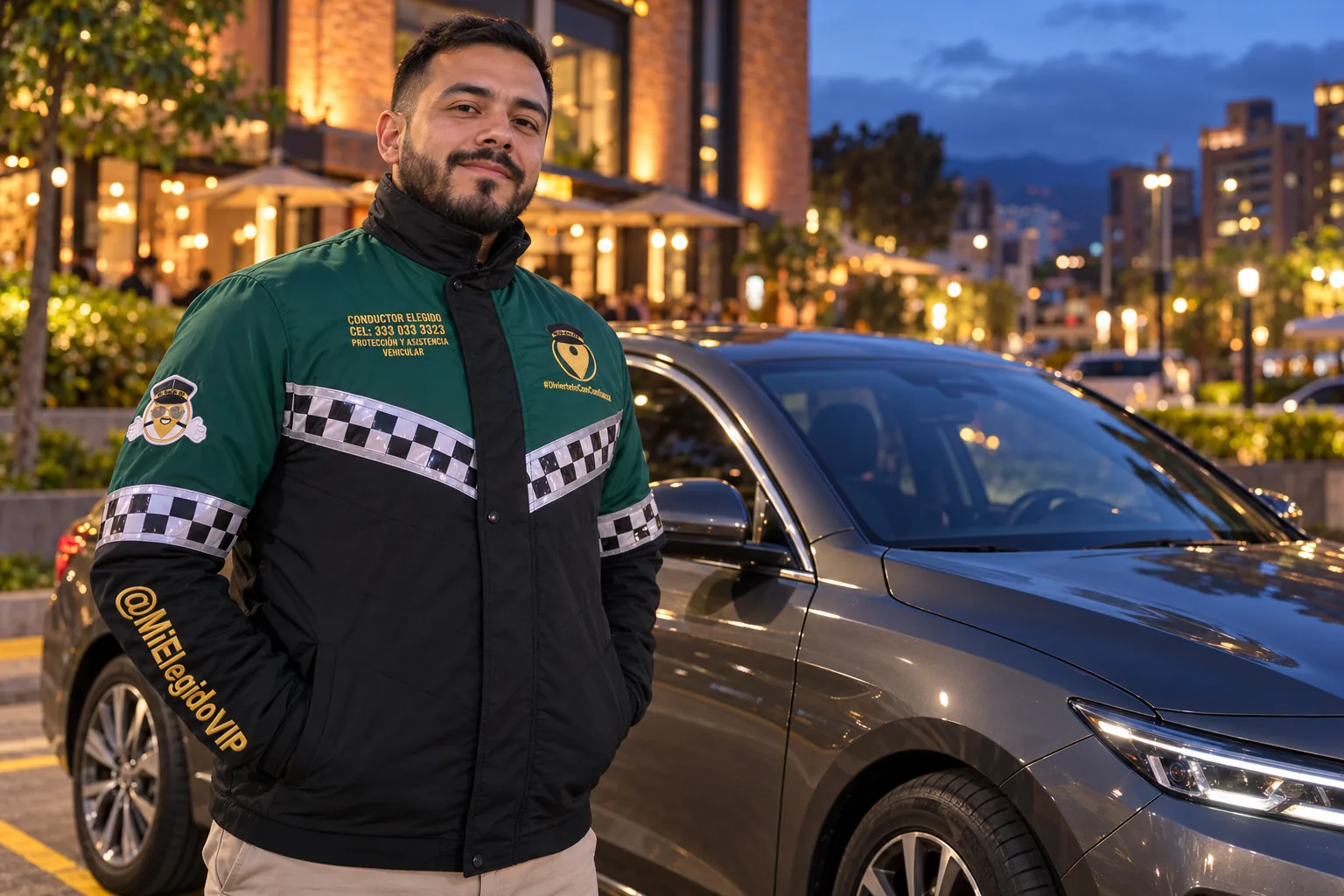 Conductor elegido con chaqueta verde y negra de Mi Elegido VIP; imagen ilustrativa del servicio en Zonas de Bogotá, Bogotá