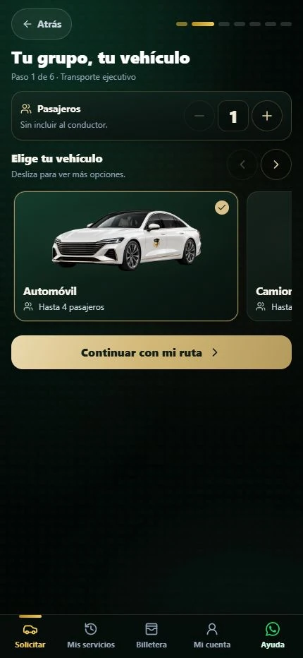 App real de Mi Elegido VIP: elección de pasajeros y vehículo para transporte ejecutivo