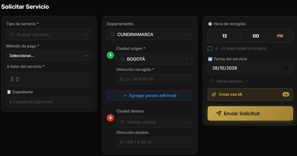 Formulario vacío del Portal Aliados con servicio, origen, destino, horario y fecha
