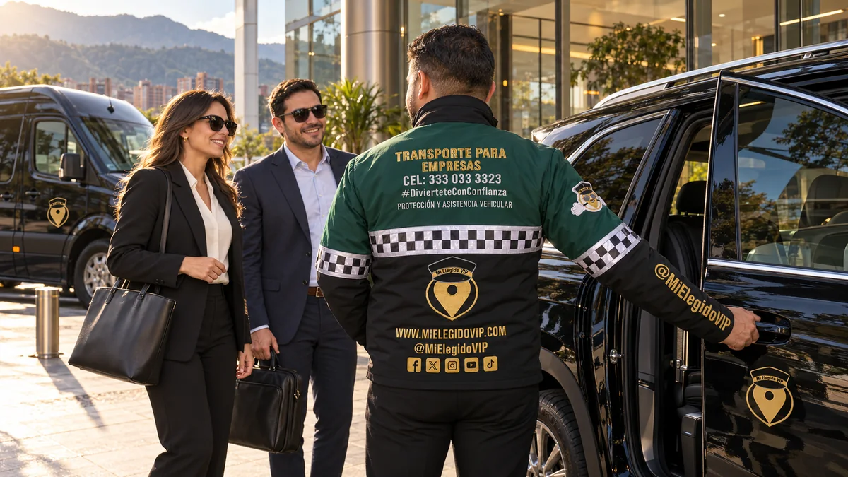 Transporte ejecutivo: Conductor con uniforme de Mi Elegido VIP recibe colaboradores junto a una SUV y una van en un entorno empresarial de Bogotá. Escena ilustrativa de referencia en Bogotá.