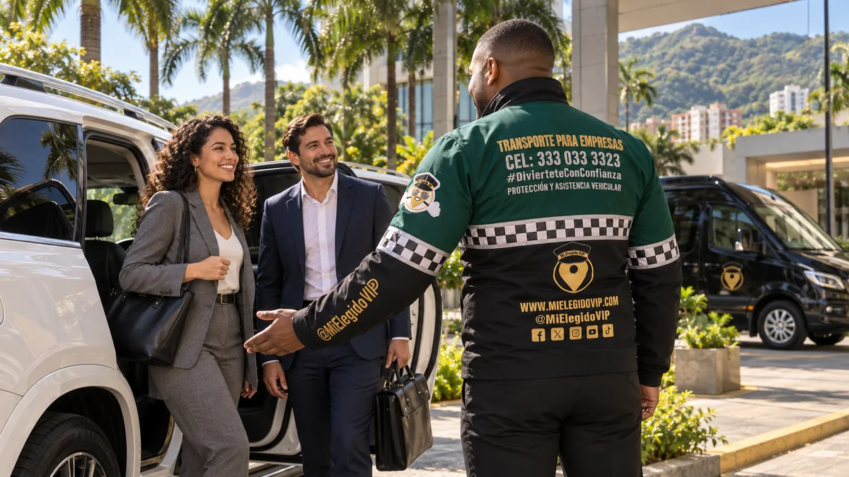 Transporte para empresas en Cali. Conductor de Mi Elegido VIP recibe colaboradores junto a una camioneta para transporte empresarial en Cali.