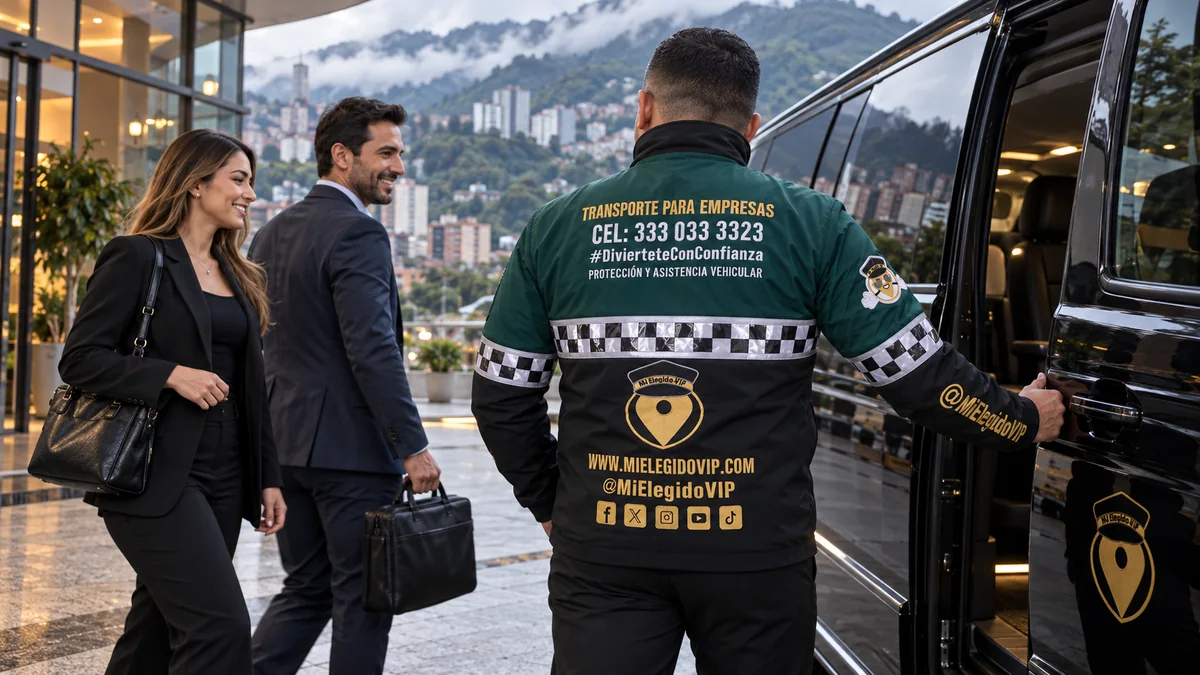 Transporte para empresas en Manizales. Escena ilustrativa de transporte para empresas en Manizales, con conductor uniformado de Mi Elegido VIP y vehículo ejecutivo.
