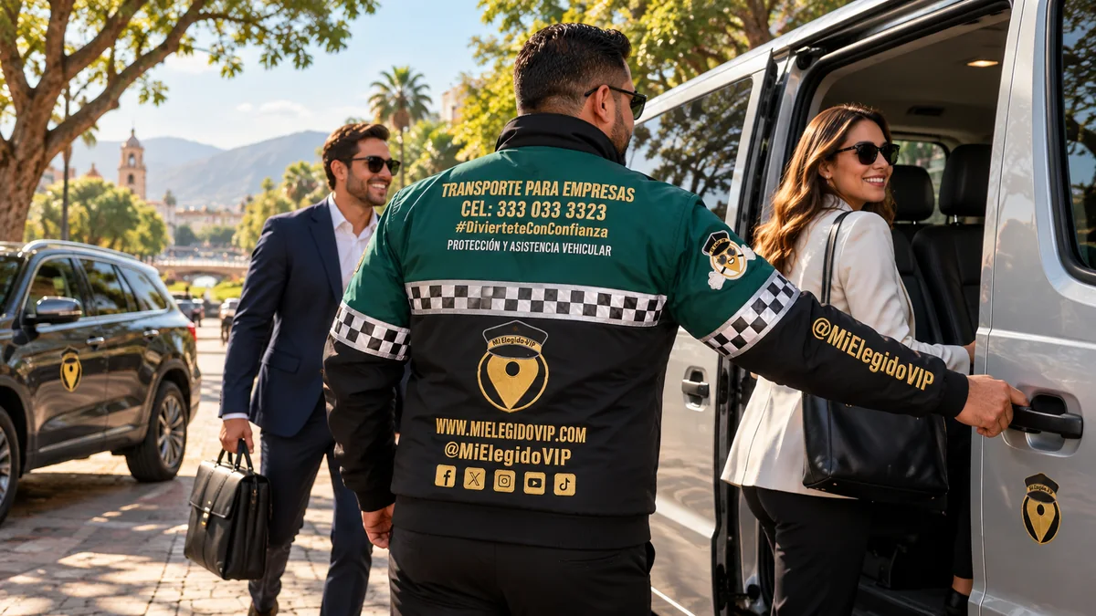 Transporte para empresas en Neiva. Escena ilustrativa de transporte para empresas en Neiva, con conductor uniformado de Mi Elegido VIP y vehículos ejecutivos.