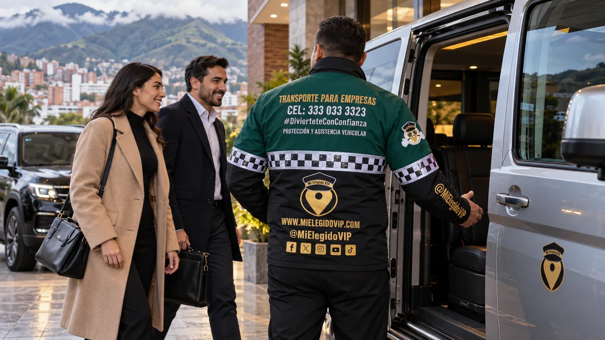 Transporte para empresas en Pasto. Escena ilustrativa de transporte para empresas en Pasto, con conductor uniformado de Mi Elegido VIP y vehículo ejecutivo.