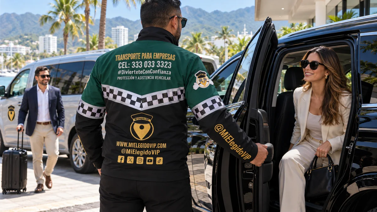 Transporte para empresas en Santa Marta. Escena ilustrativa de transporte para empresas en Santa Marta, con conductor uniformado de Mi Elegido VIP y vehículos ejecutivos.