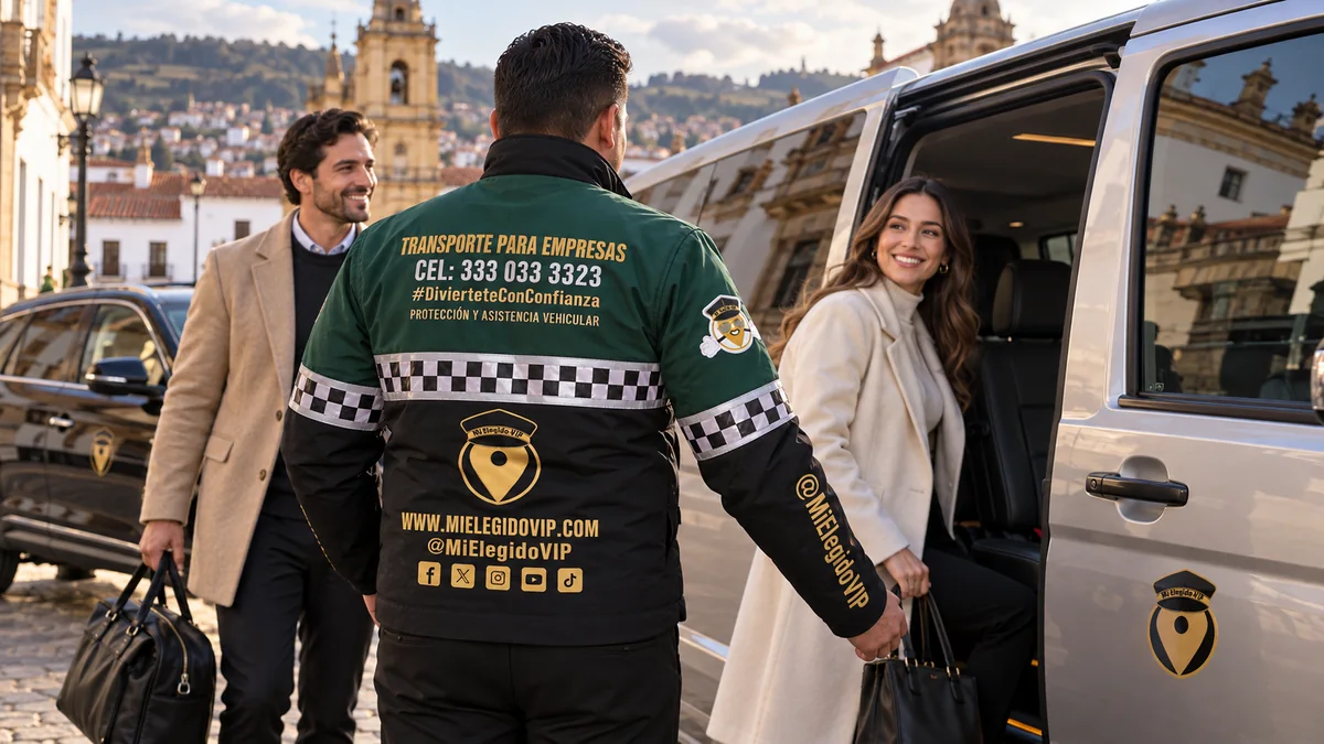 Transporte para empresas en Tunja. Escena ilustrativa de transporte para empresas en Tunja, con conductor uniformado de Mi Elegido VIP y vehículos ejecutivos.