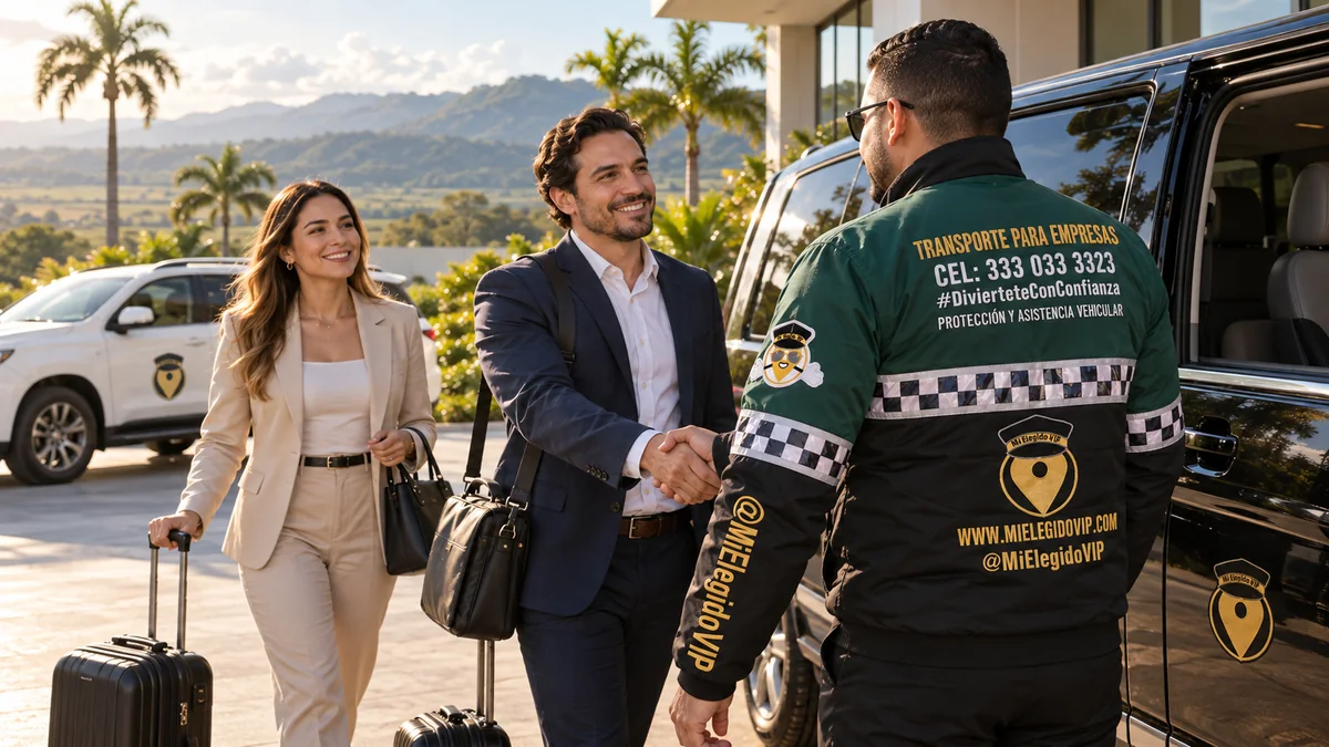 Transporte para empresas en Villavicencio. Escena ilustrativa de transporte para empresas en Villavicencio, con conductor uniformado de Mi Elegido VIP y vehículo ejecutivo.