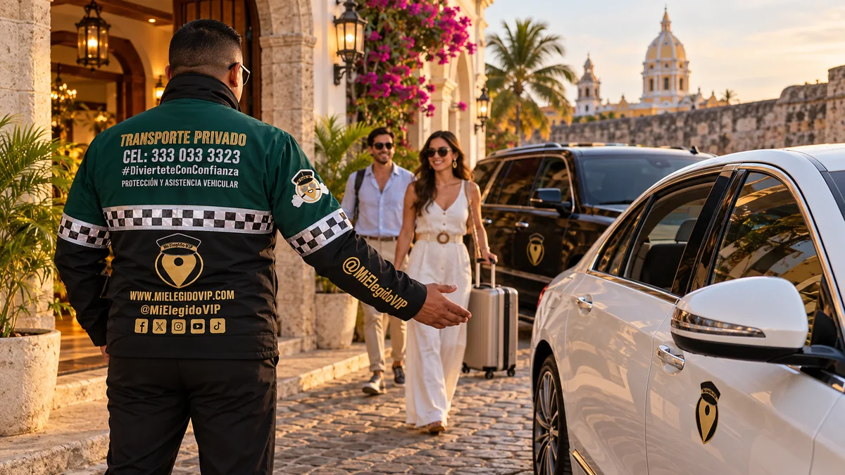 Transporte privado en Cartagena. Conductor de Mi Elegido VIP recibe viajeros junto a un sedán y una SUV en un entorno colonial de Cartagena.