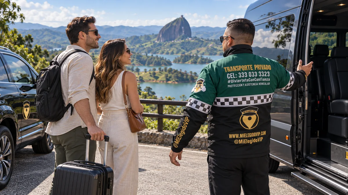 Transporte privado en Guatapé. Conductor de Mi Elegido VIP junto a una van de turismo con paisaje del embalse y la Piedra del Peñol en Guatapé.