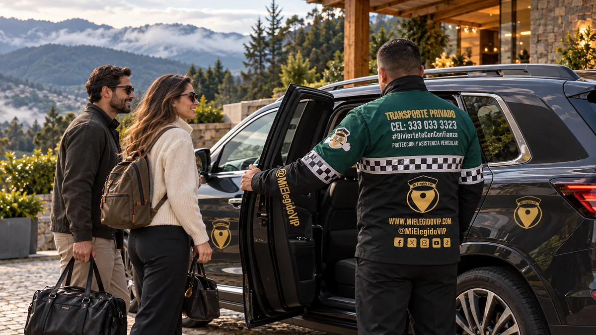 Transporte ejecutivo: Escena ilustrativa de transporte privado en La Calera, con conductor de Mi Elegido VIP y vehículo para viajes de turismo o empresas. Escena ilustrativa de referencia en La Calera.