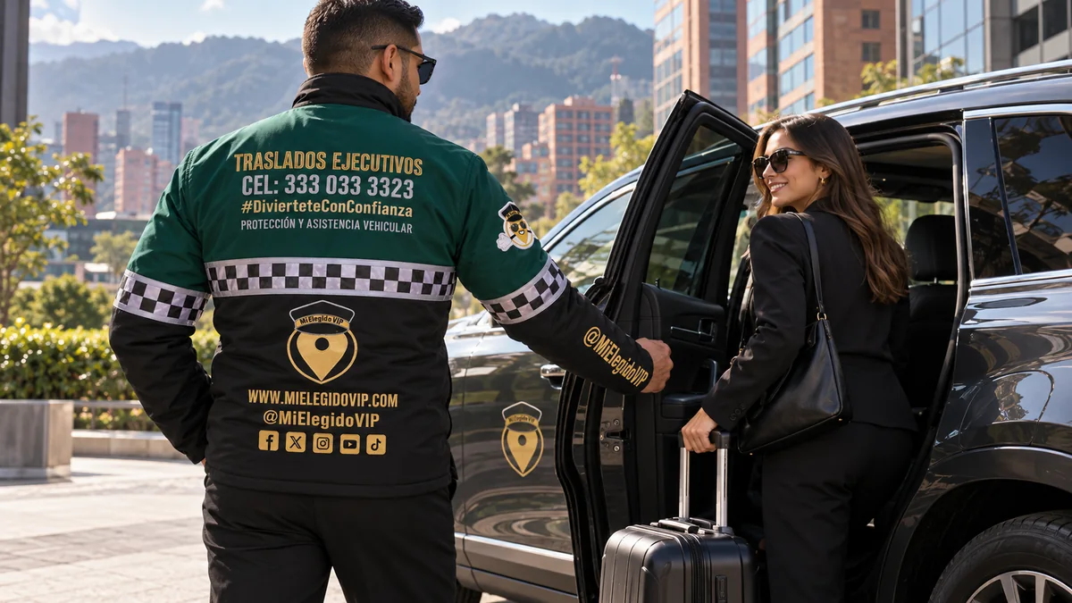Traslados ejecutivos en Bogotá. Escena ilustrativa de traslados ejecutivos en Bogotá, con conductor uniformado de Mi Elegido VIP y vehículos ejecutivos.
