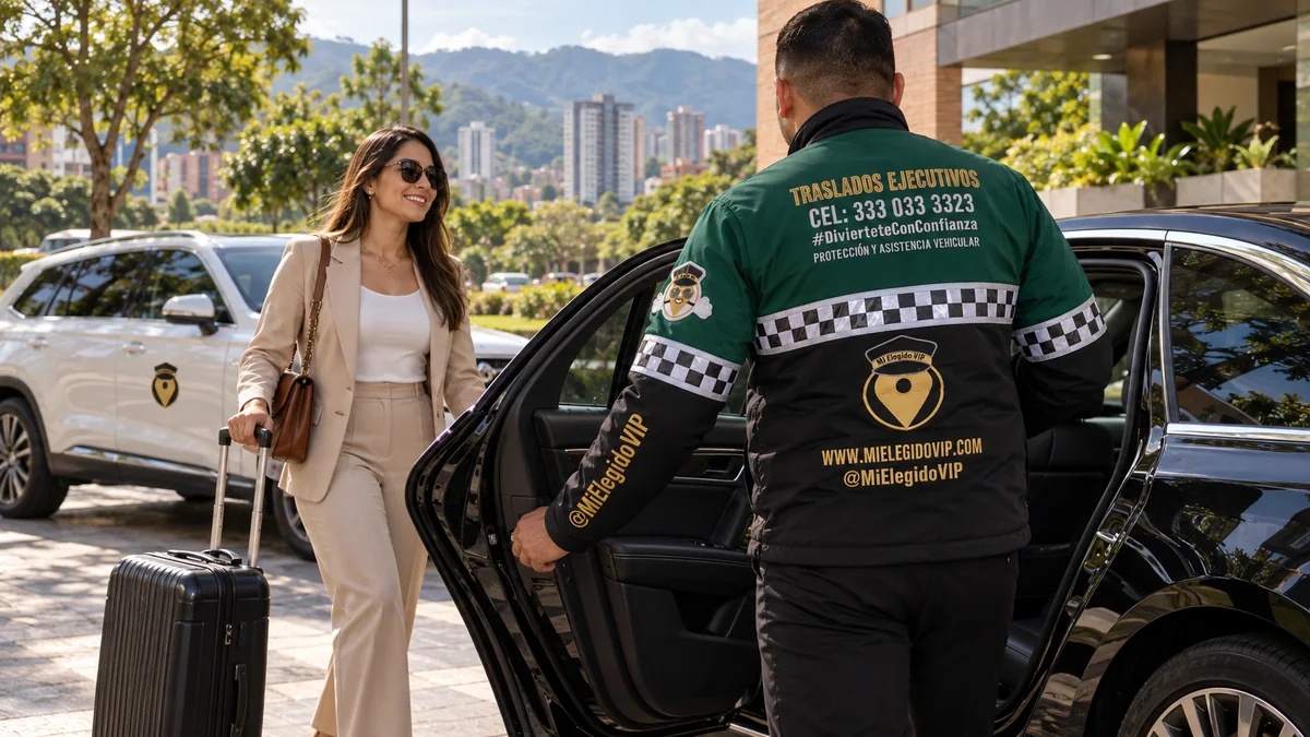 Traslados ejecutivos en Bucaramanga. Escena ilustrativa de traslados ejecutivos en Bucaramanga, con conductor uniformado de Mi Elegido VIP y vehículos ejecutivos.