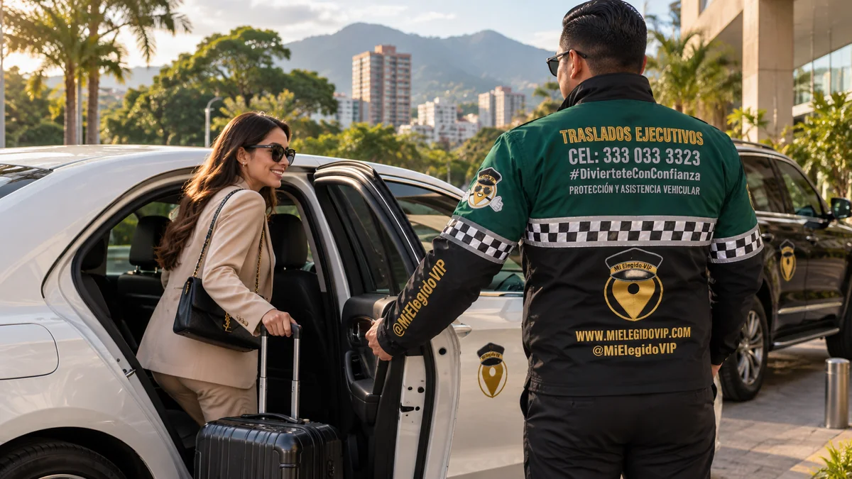Traslados ejecutivos en Cali. Escena ilustrativa de traslados ejecutivos en Cali, con conductor uniformado de Mi Elegido VIP y vehículos ejecutivos.