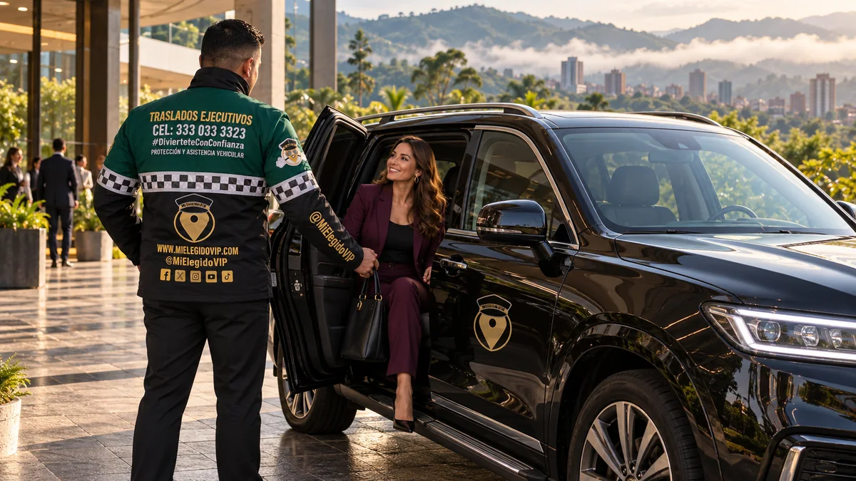 Transporte ejecutivo: Escena ilustrativa de traslados ejecutivos en Pereira, con conductor uniformado de Mi Elegido VIP y vehículo ejecutivo. Escena ilustrativa de referencia en Pereira.