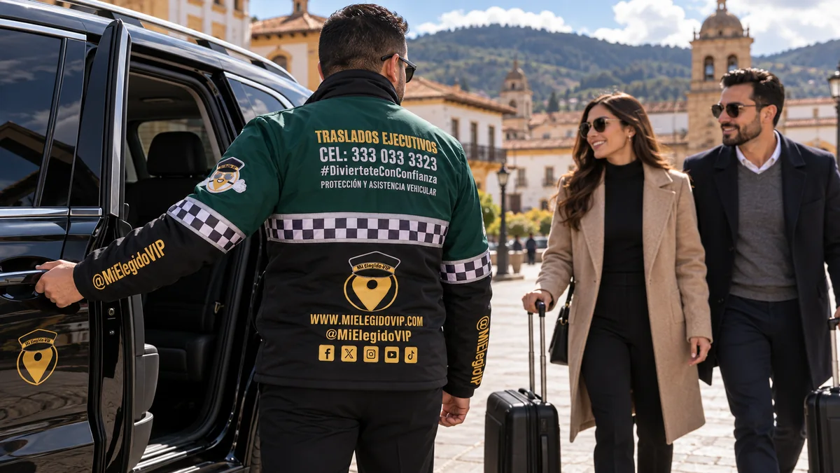 Transporte privado: Escena ilustrativa de traslados ejecutivos en Tunja, con conductor uniformado de Mi Elegido VIP y vehículo ejecutivo. Escena ilustrativa de referencia en Tunja.