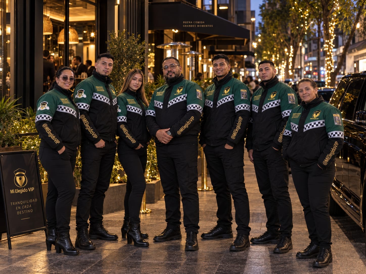 Equipo de Mi Elegido VIP con uniforme verde y negro frente a un restaurante en Bogotá