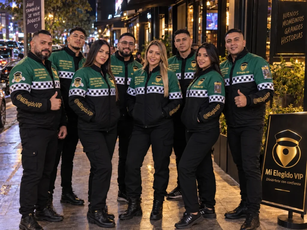 Equipo del servicio de conductor elegido de Mi Elegido VIP en Bogotá, con uniformes verdes y negros, mascotas, carnés y bordados en las mangas