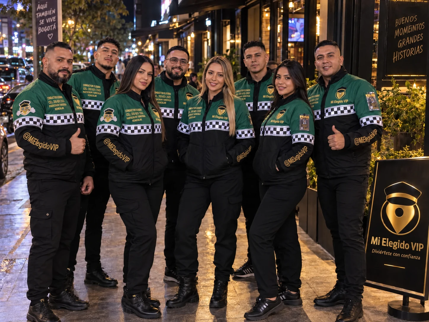 Equipo del servicio de conductor elegido de Mi Elegido VIP en Bogotá, con uniformes verdes y negros, mascotas, carnés y bordados en las mangas
