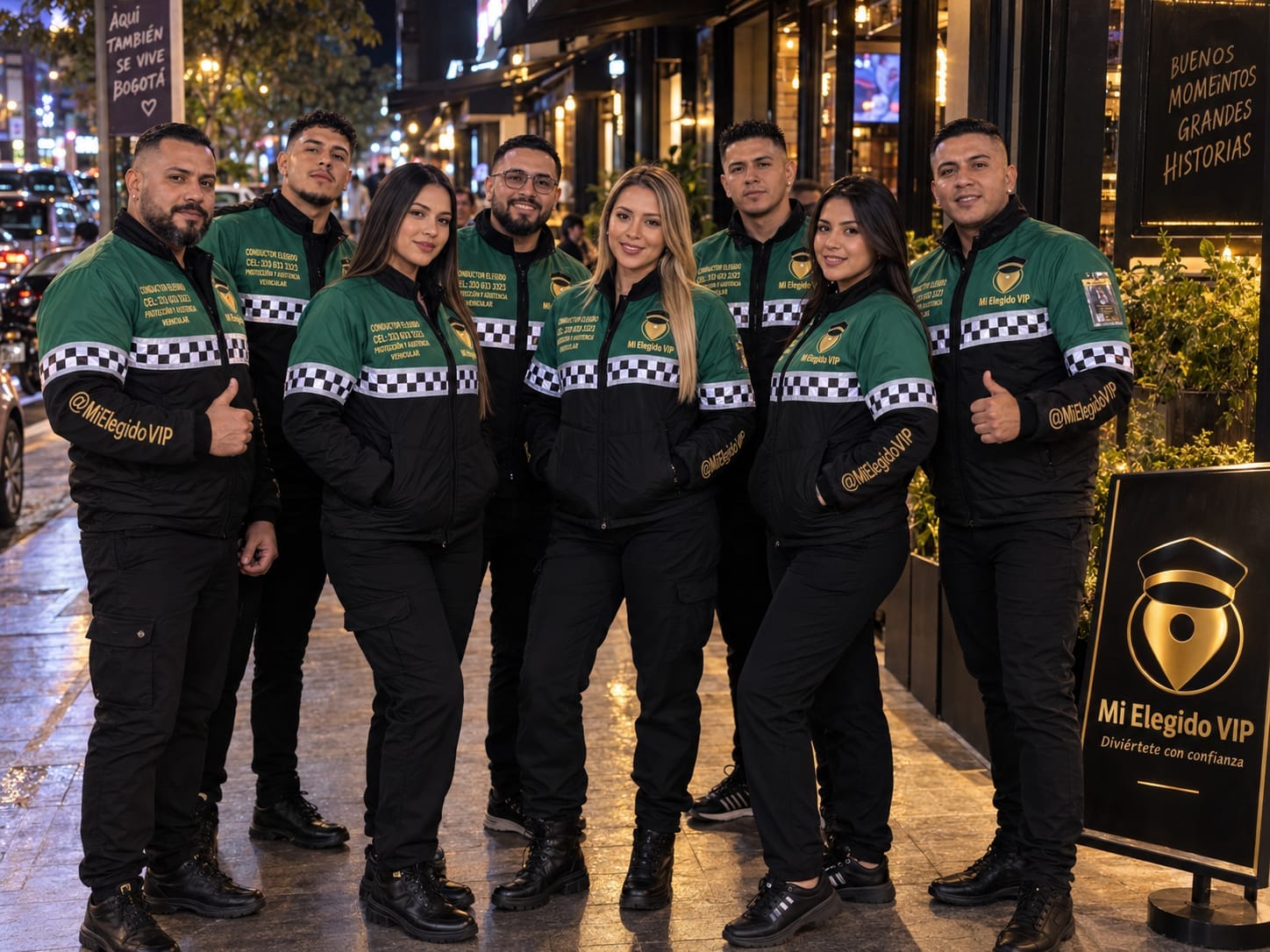 Grupo de conductores de Mi Elegido VIP junto al letrero de la marca en una zona de restaurantes de Bogotá